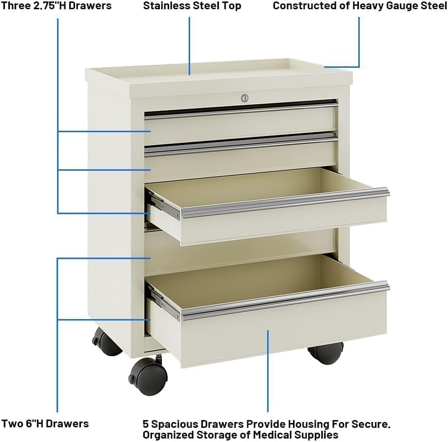 Medical Carts with Wheels and 5 Drawers, 13"D x 24.5"W x 29"H - Stainless Steel Top