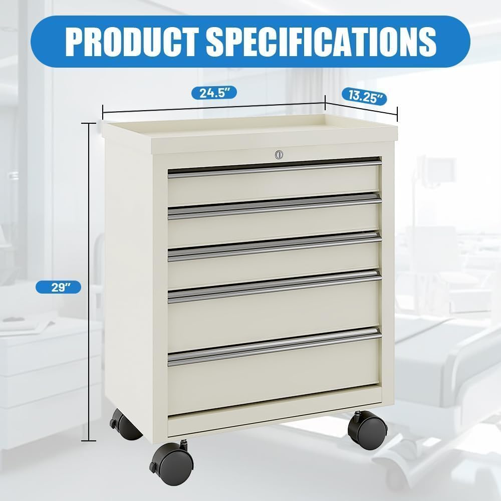 Medical Carts with Wheels and 5 Drawers, 13"D x 24.5"W x 29"H - Stainless Steel Top