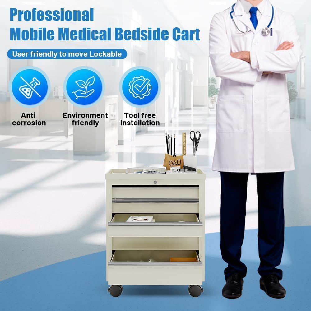 Medical Carts with Wheels and 5 Drawers, 13"D x 24.5"W x 29"H - Stainless Steel Top