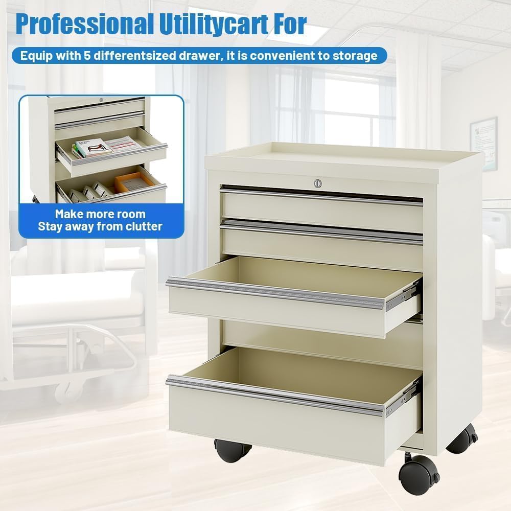 Medical Carts with Wheels and 5 Drawers, 13"D x 24.5"W x 29"H - Stainless Steel Top