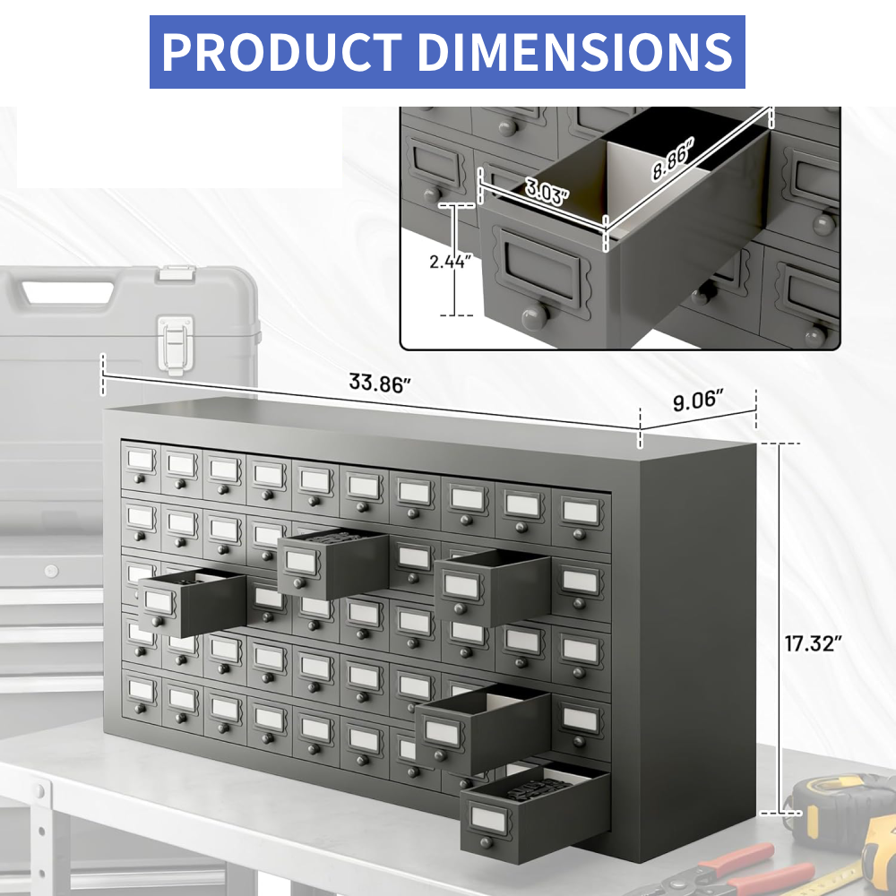 50-Drawer Metal Parts Cabinet - Gray Steel Tool Organizer